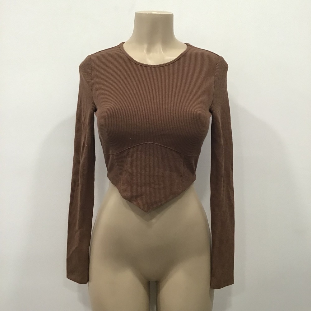 Elodie Corset Hem Crop Top‎ Women Small Brown Ribbed Long Sleeve ELTY3423 Y2K